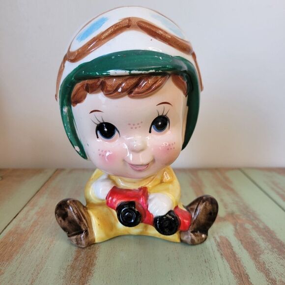 Vintage Freckled Little Boy with Helmet, Goggles, & Red Car Planter - 1960's - Picture 7 of 16